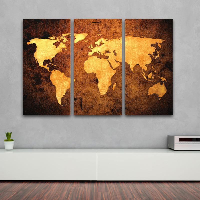 Kunstdruck 3teilige Leinwand Weltkarte im Bronze Design